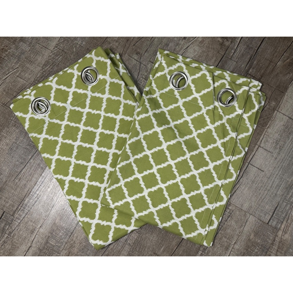 Misha Soft Sage Green White Trellis Ikat Grommet Curtain Panels 52x84 Set of 2